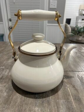 Ivory Enamel Tea Kettle brass handle/world market